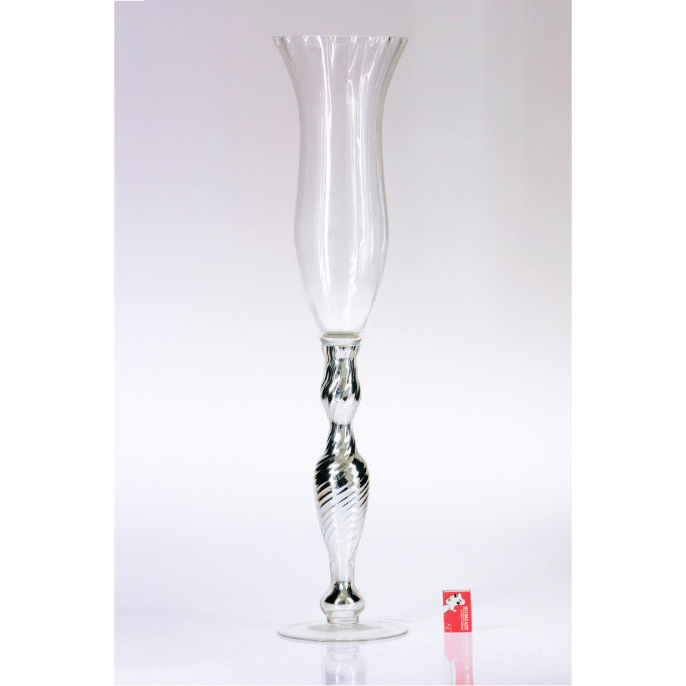 Tall silver base designer glass vase - Wellington Wedding Hire