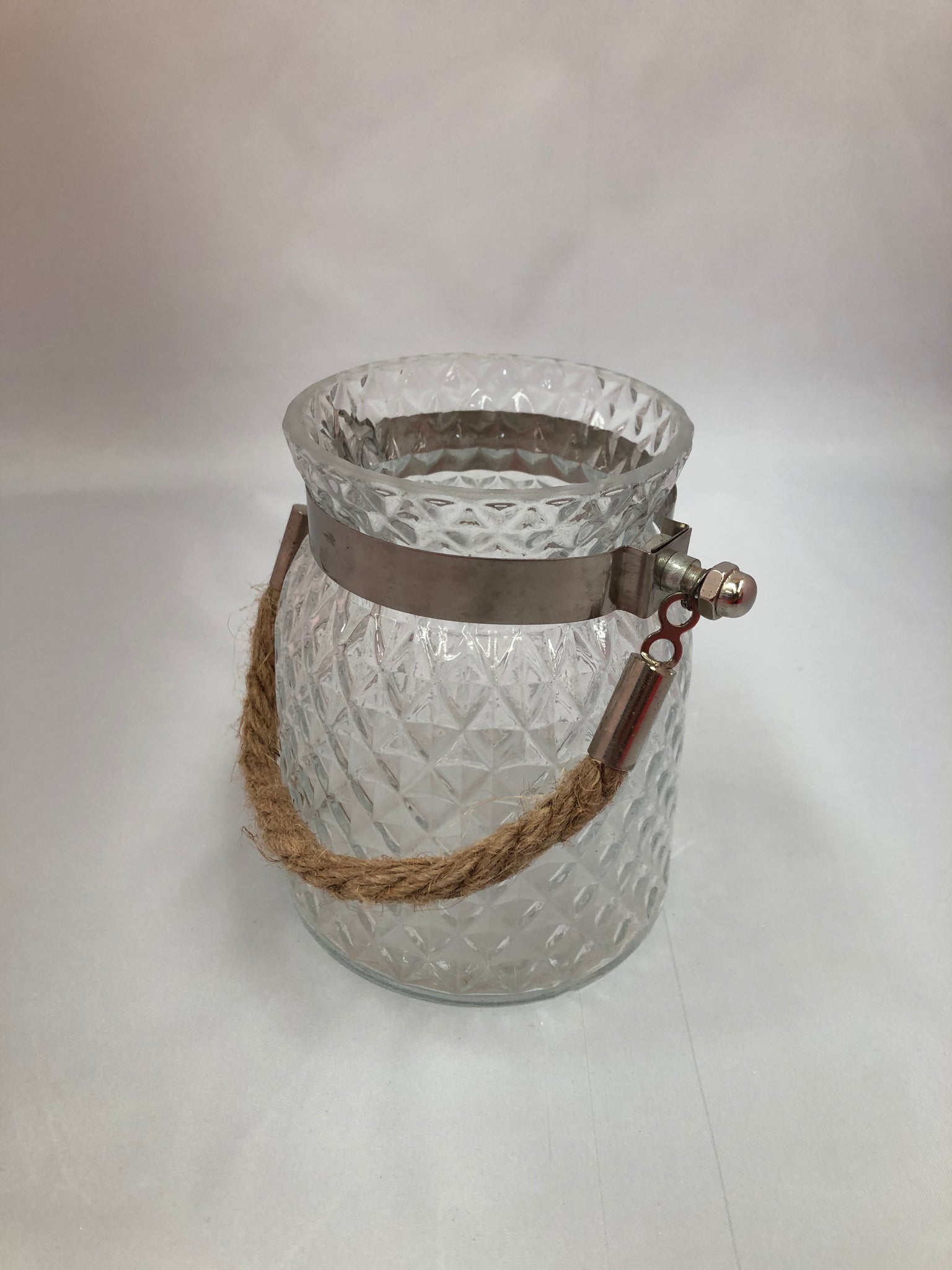Cut glass lantern vase w rustic rope, Medium - Wellington Wedding Hire