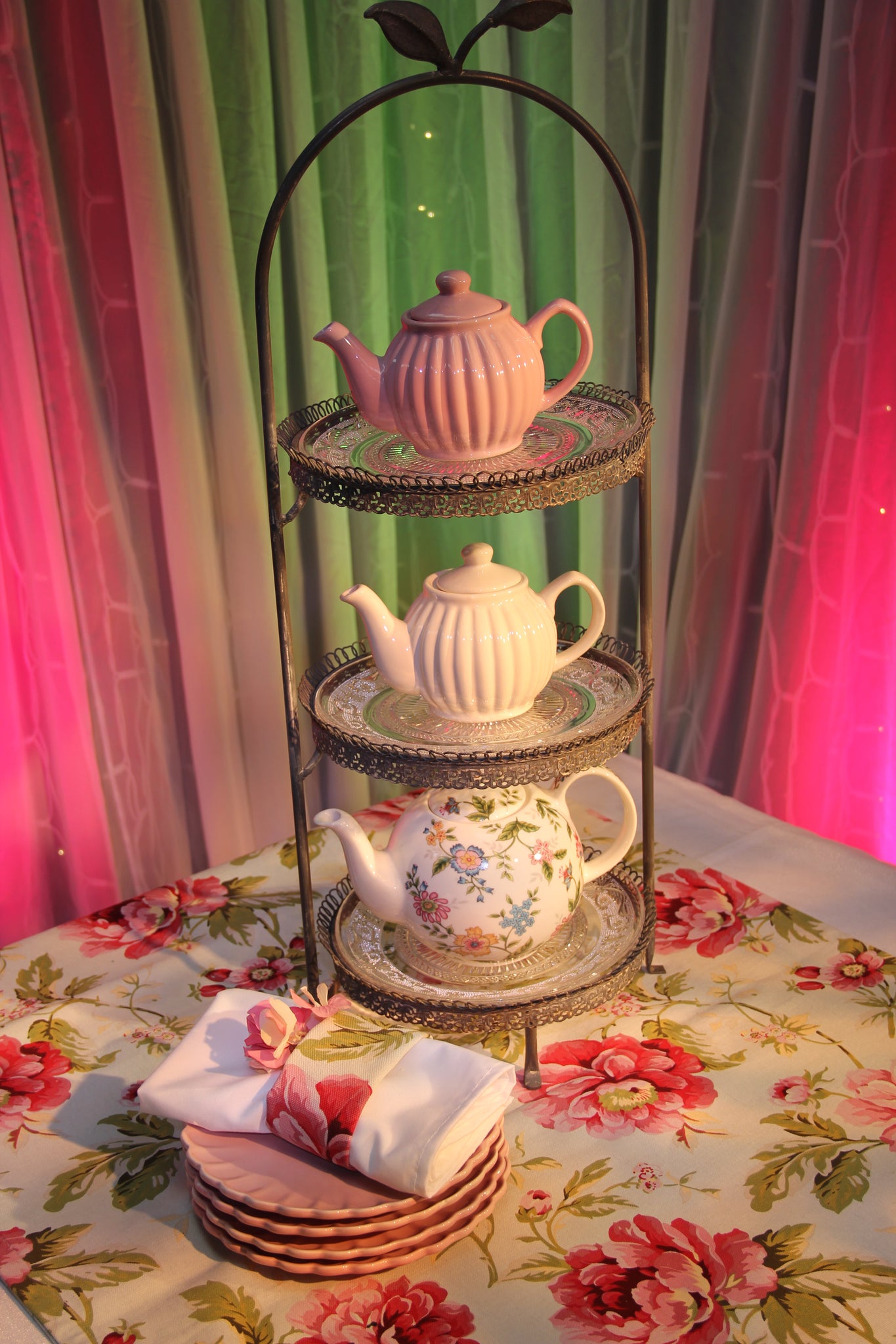 Cake stand, large metal 3 tier w plates - Wellington Wedding Hire