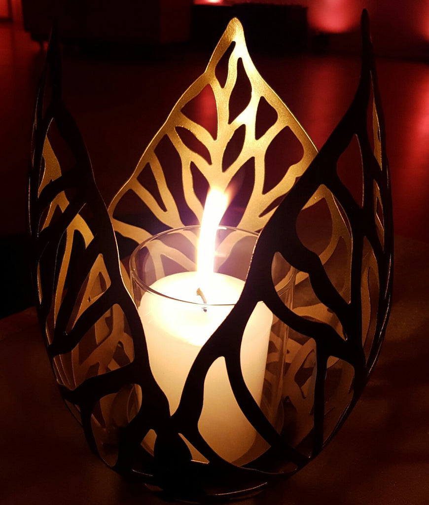 Black & Gold metal leaf candle holder - Wellington Wedding Hire