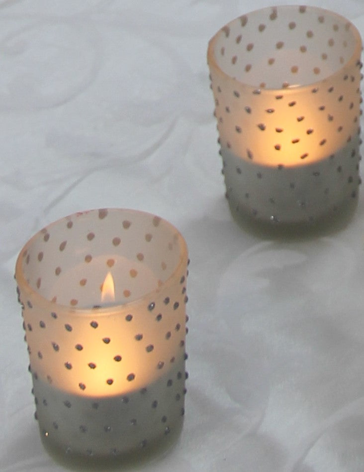 Frosted votive w glitter dots - Wellington Wedding Hire