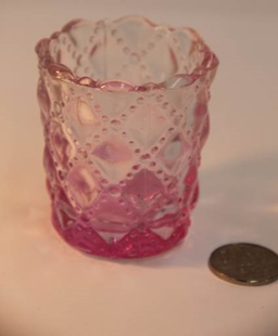 Pink clear glass votive w embossed diamonds and dimples - Wellington Wedding Hire
