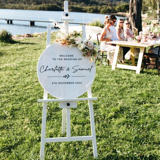 Personalised Welcome Sign – Printed White Round Sign - Wellington Wedding Hire
